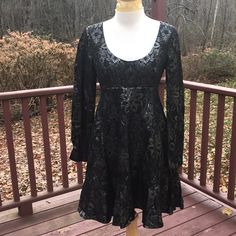 Nwt! Dkny Sz 4, Black Deep Neck Ruffled Hem Dress With Floral Shine . Long Sleeves, Back Zipper, Lined And Has Pockets . Gorgeous Any Occasion Dress. Gothic A-line Formal Dress, Gothic Dress For Date Night In Fall, Gothic Dress For Fall Date Night, Gothic A-line Dress For Night Out, Fitted Gothic Cocktail Dress, Gothic Fitted Cocktail Dress, Gothic Lace Dresses For Fall, Fitted Gothic Formal Dress, Gothic Fitted Dress For Formal Occasions