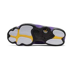 Emerging in July 2019 as part of a ‘Rivals’ series, the Air Jordan 13 Retro ‘Lakers’ sneaker looks back to the 1990-91 NBA Finals when Michael Jordan won his first championship ring against Los Angeles. This AJ13 sports a perforated leather upper with Lakers inspired colors incorporated on the heel, front-facing Jumpman and mudguard. Hints of gold appear on the outsole, between the herringbone pods.