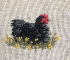 a black chicken with a red comb on it's head sitting in some yellow flowers