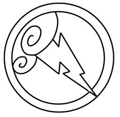 a black and white drawing of a lightning bolt in a circle with swirls on it