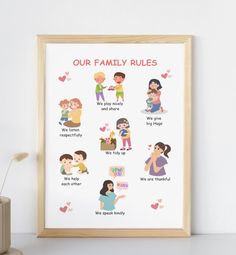 a family rules poster hanging on the wall