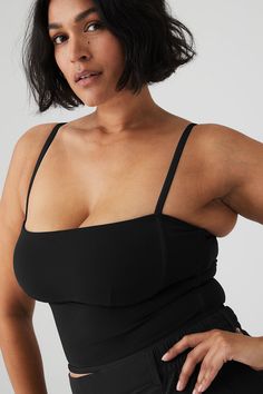 Cool contrasting piping along the straps, sides, hem and bust gives this tank a touch of ’90s nostalgia. It’s all made from cottony-soft, smoothing Airbrush with a square neckline (so sleek) and a supportive built-in shelf bra. Let the cropped hem hover above high-waisted leggings for a perfect studio-to-street look. Black Tank Top With Wide Adjustable Straps, Black Bra Friendly Tank Top, Black Bra-friendly Tank Top, Black Tank Top With Bra-friendly Straps, Black Camisole With Medium Bust Support And Tank Straps, Black Camisole With Built-in Bra And Wide Straps, Black Camisole With Adjustable Tank Straps, Everyday Black Bra Friendly Camisole, Everyday Black Bra-friendly Camisole