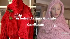 a woman wearing a red sweater and pink knitted scarf with the words crochet ariana grandee cardigan