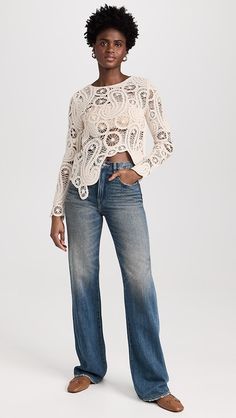 Line & Dot Baja Crochet Top | Shopbop Long Sleeve Cotton Top With Pointelle Knit, Chic Long Sleeve Open Knit Crochet Top, Long Sleeve Crochet Top With Pointelle Knit, Chic Long Sleeve Crochet Top, Chic Long Sleeve Crochet Lace Top, Pointelle Knit Lace Top With Long Sleeves, Chic Long Sleeve Tops With Cutwork Hem, Long Sleeve Scalloped Lace Top, Chic Crochet Lace Top With Long Sleeves