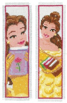 two cross stitch bookmarks with princesses on them