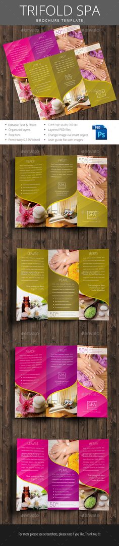 a brochure with different colors and designs on it, including the words trifold spa