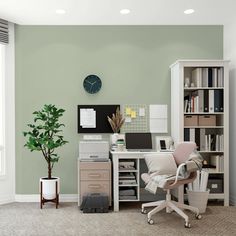 an office with a desk, chair and bookshelf in the middle of it