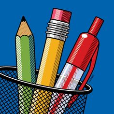 pencils and markers in a basket on a blue background