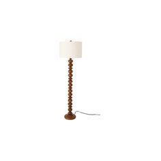 a wooden floor lamp with a white shade on the base and a cord attached to it