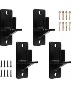 three black metal brackets with screws and bolts