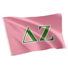 a pink flag with the letter z on it's left side and green letters at the bottom