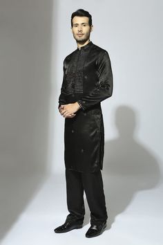 Black straight kurta with mirror-like embroidery and thread work around the placket and butti spread all-over. Comes with pant. - Aza Fashions Traditional Pant Set With Mirror Work, Formal Straight Kurta With Mirror Work, Eid Straight Kurta Pant Set With Dabka Work, Traditional Formal Pant Set With Resham Embroidery, Eid Pant Set With Embroidered Border And Straight Kurta, Traditional Drape Pant Set With Mirror Work For Eid, Eid Dabka Work Straight Kurta Pant Set, Eid Traditional Drape Pant Set With Mirror Work, Traditional Long Sleeve Pant Set With Mirror Work