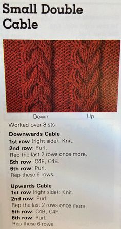 the knitting pattern for small double cable cable is shown in red and white, with instructions to