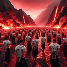 a group of people standing in the middle of a field with lava and mountains behind them