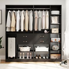 an organized closet with clothes and shoes