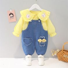 Casual Long Sleeve Denim Set, Casual Denim Set With Long Sleeves, Cute Spring Sets With Pockets, Bunny Collar, Blue Denim Overalls, Denim Suspenders, Spring Girl, Baby Jumpsuit, Denim Overalls