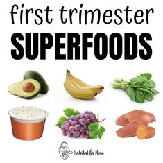 the first trimester superfoods poster is full of fruits, vegetables and other foods