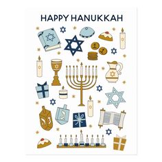 happy hanukkah card with jewish symbols and gifts in the middle, on a white background