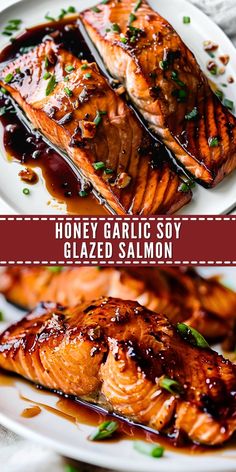 honey garlic soy glazed salmon on a white plate