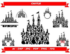 an image of castle silhouettes with red ribbon around the edges and black outline on white background