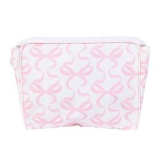 a pink and white cosmetic bag