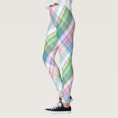 Colorful Pink Turquoise Green Plaid Tartan Pattern Leggings - fun gifts funny diy customize personal Tartan Pattern Design, Leggings Outfit For Work, Blue Leggings Outfit, Pink Leggings Outfit, Diagonal Stripes Pattern, Hipster Design, Unique Leggings, Pattern Leggings, Easter Colors