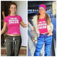 two women wearing pink shirts and black pants, one with the words i am the american dream on it