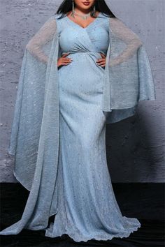 Olivia Mark - Mermaid Cut Maxi Dresses with Gray Blue Sequins and Cape Sleeve for Plus Size Women Dress For Curvy Women, Grey Maxi, Blue Dress Formal, Glamorous Dresses, Sequin Maxi, Sequin Maxi Dress, Cape Sleeves, Plus Size Maxi Dresses, Evening Party