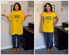 a woman wearing a yellow t - shirt and jeans standing in front of a desk