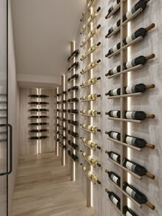 a wine cellar filled with lots of bottles next to a wall mounted wine bottle rack