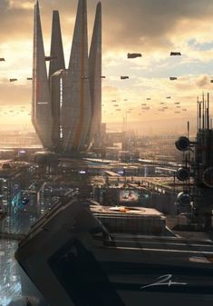 a futuristic city is shown in this artist's rendering, with lots of space shuttles flying over it