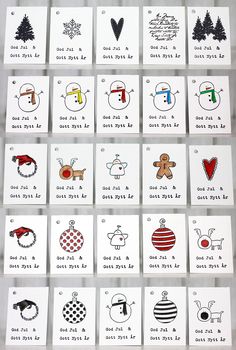 twelve christmas cards with different designs on them