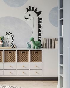 a child's room decorated in white and grey with toys on the dressers