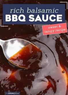 a spoon full of bbq sauce sitting on top of a table with the title rich balsamic bbq sauce