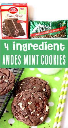 chocolate cookies on a green and white tray with candy bar in the background, along with two packages of minty mint cookies