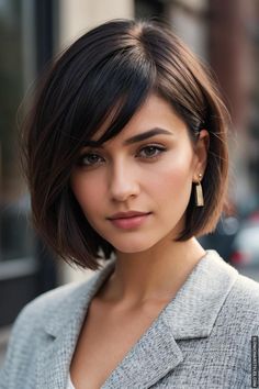 Chin Length Brunette Bob With Highlights, Triangle Bob Haircut, Sophisticated Bob Hairstyles, Classic Bob With Bangs, 2024 Hair Trends For Women Short Bob, Angled Short Bob, Growing Out Bob, Side Part Bob Hairstyles, Bob Hairstyles Fine Hair