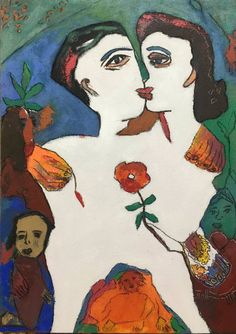 a painting of a woman with flowers in her hand