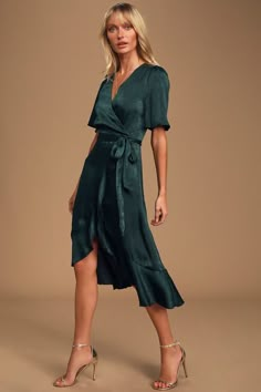 Wrap Dress Midi, Dark Green Dress, Wedding Guest Attire, Fall Wedding Guest, Fall Wedding Guest Dress, Lulus Dresses, Guest Attire