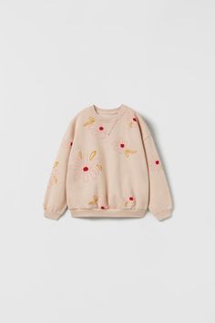 FLORAL SWEATSHIRT - Faded pink | ZARA United States Spring Cotton Sweater With Floral Applique, Cream Embroidered Cotton Outerwear, Zara Fall Crew Neck Outerwear, Cute Embroidered Spring Sweater, Cute Cream Sweatshirt For Fall, Beige Cotton Outerwear With Floral Embroidery, Spring Hooded Outerwear With Floral Embroidery, Hooded Floral Embroidered Outerwear For Spring, Spring Cotton Outerwear With Floral Applique