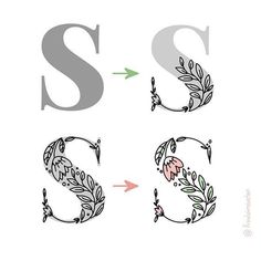 the letter s is made up of flowers and leaves with an arrow pointing to it