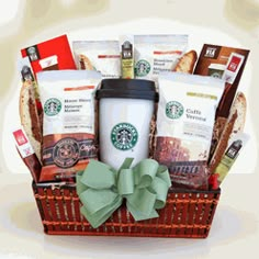 starbucks coffee gift basket with green bow