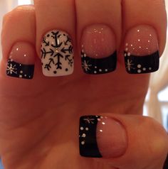 Black snowflake Nail Art Designs Snowflakes, Black Nails With Snowflakes, Christmas Nail Art Designs Snowflakes, Nail Design Snowflake, Black Snowflake Nails, Nails With Snowflakes, Nails Snowflakes, Teal Acrylic Nails, Nail Inspired