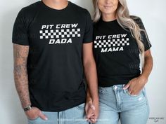 a man and woman standing next to each other wearing matching shirts that read pit crew, pit crew, mamma