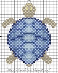 a cross stitch pattern with a blue turtle