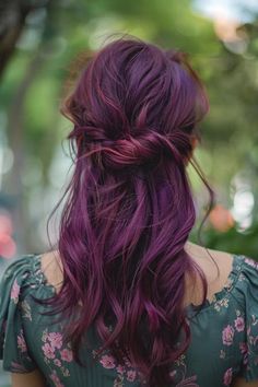 Auburn Hair With Purple Highlights, Curly Violet Hair, Purple Maroon Hair, Deep Violet Hair Color, Deep Plum Hair Color, Purple And Red Hair, Red And Purple Hair, Plum Hair Color Ideas, Deep Purple Hair