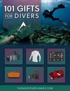 an advertisement for the adventure junkies's gift guide, featuring scuba gear and equipment