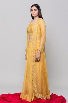 Shop for Surbhi shah Yellow Pure Organza Embellished Jacket And Skirt Set for Women Online at Aza Fashions Festive Embellished Front Open Sets, Spring Wedding Embellished Sets, Fitted Front Open Wedding Sets, Festive Embellished Outerwear For Wedding, Embroidered Fitted Front Open Sets, Anarkali-style Embellished Front Open Sets, Anarkali Embellished Sets With Front Open Design, Front Open Fitted Lehenga With Resham Embroidery, Fitted Front Open Embroidered Lehenga