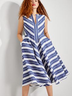 Stripes stripes stripes. We simply can't get enough. So we put some on this elegant split-neck midi dress perfect for brunch picnics parties out on the patio… | Kate Spade Stripe Double Cloth Midi Dress, Sailboat Blue - 4 Cotton A-line Midi Dress Lined, Cotton A-line Unlined Dress, Cotton A-line Dress Unlined, Cotton Sleeveless Midi Dress, Unlined Cotton A-line Dress, Spring Sleeveless Midi Dress With French Seams, Knee-length Cotton Dress With French Seams, Sleeveless Cotton Unlined Midi Dress, Sleeveless Cotton Midi Dress Unlined