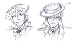 two drawings of people with hats on their heads