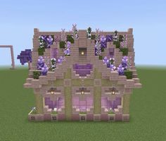 a small house with purple flowers on the roof and windows in minecraft, it's very nice to look at